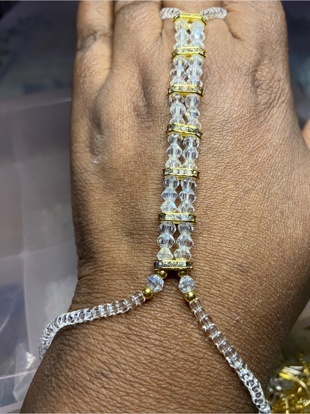 Clear Crystal and Gold Accent Hand Chain Bracelet - Unbranded